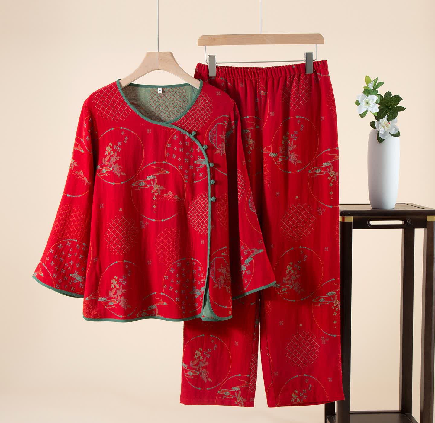 Ownkoti Oriental Retro Jacquard Cotton Gauze Loungewear - Red - XL - image 5