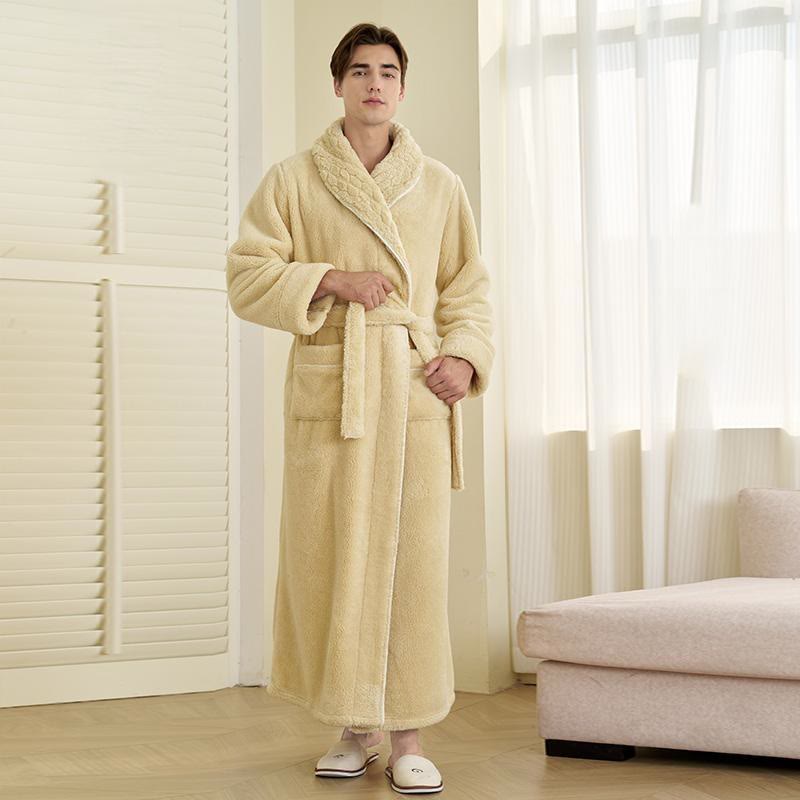 Luxury Double-Layer Fleece Long Robe - White Yellow - Men: 3XL - image 13