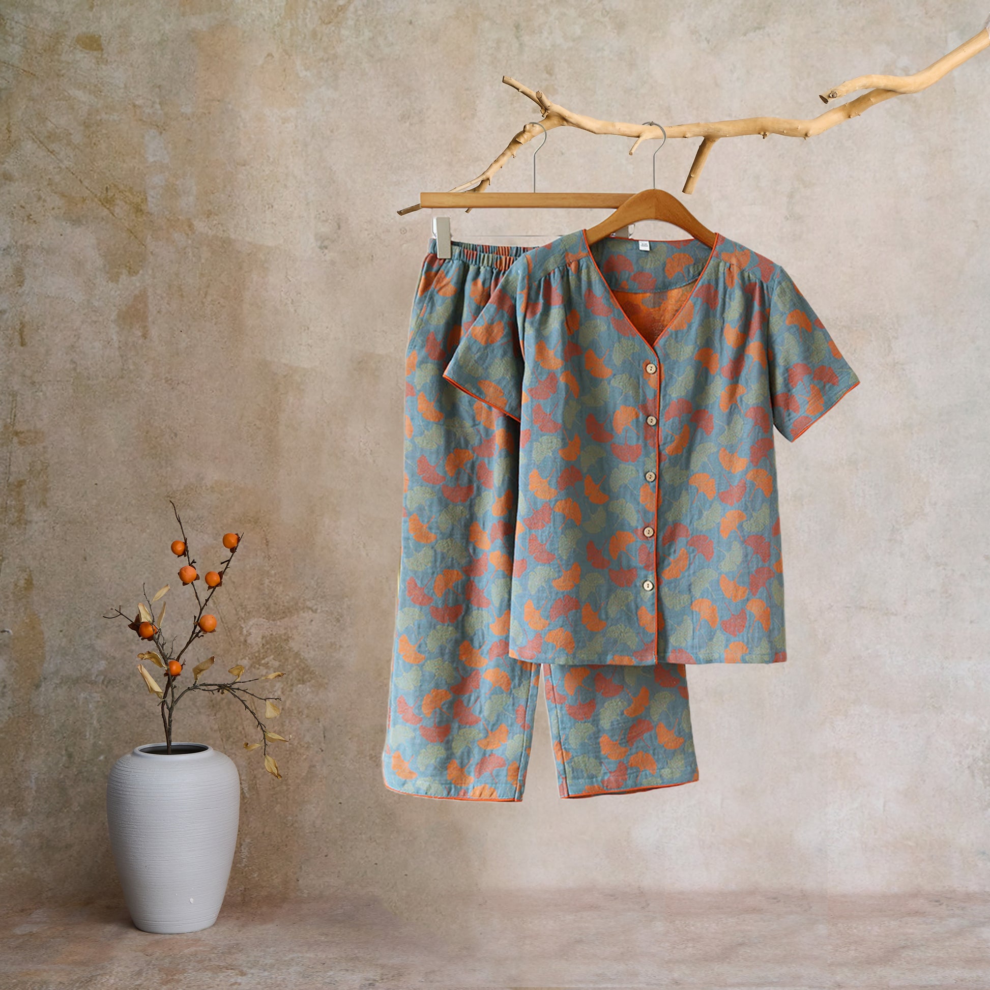  Ginkgo Leaf Jacquard V-neck Short Loungewear - image 2