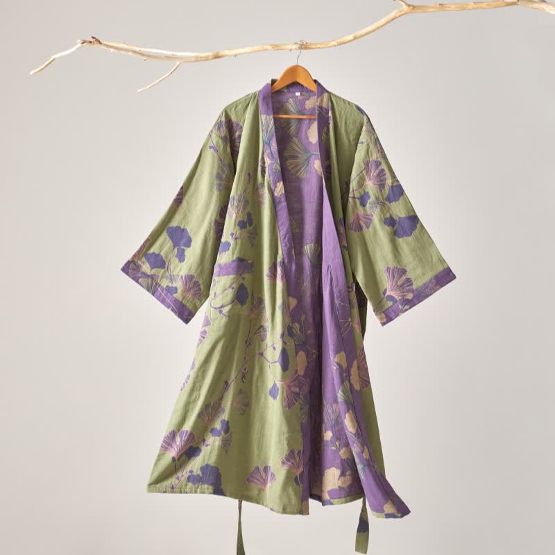 Ownkoti Cotton Gauze Ginkgo Kimono Robe - Green - XL - image 17