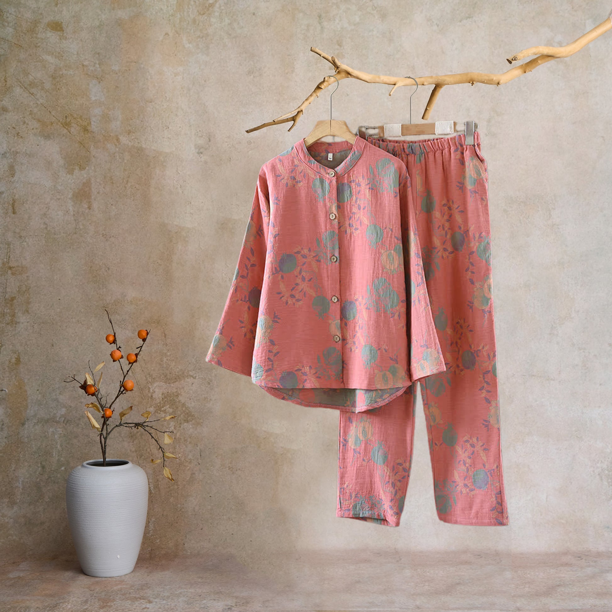 Pomegranate Flower Cotton Jacquard Vintage Yarn-dyed Pajama Set - image 13