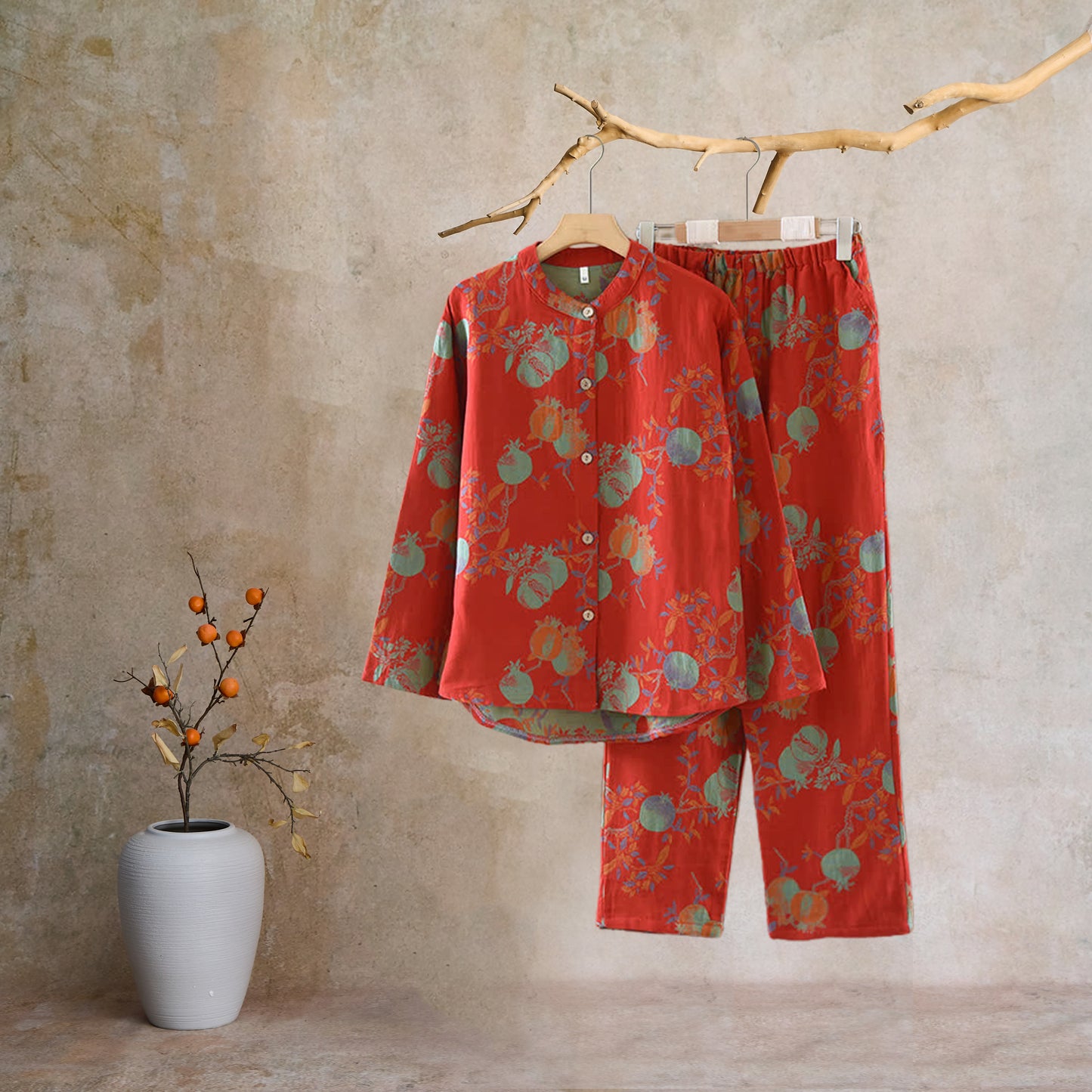Pomegranate Flower Cotton Jacquard Vintage Yarn-dyed Pajama Set - image 14