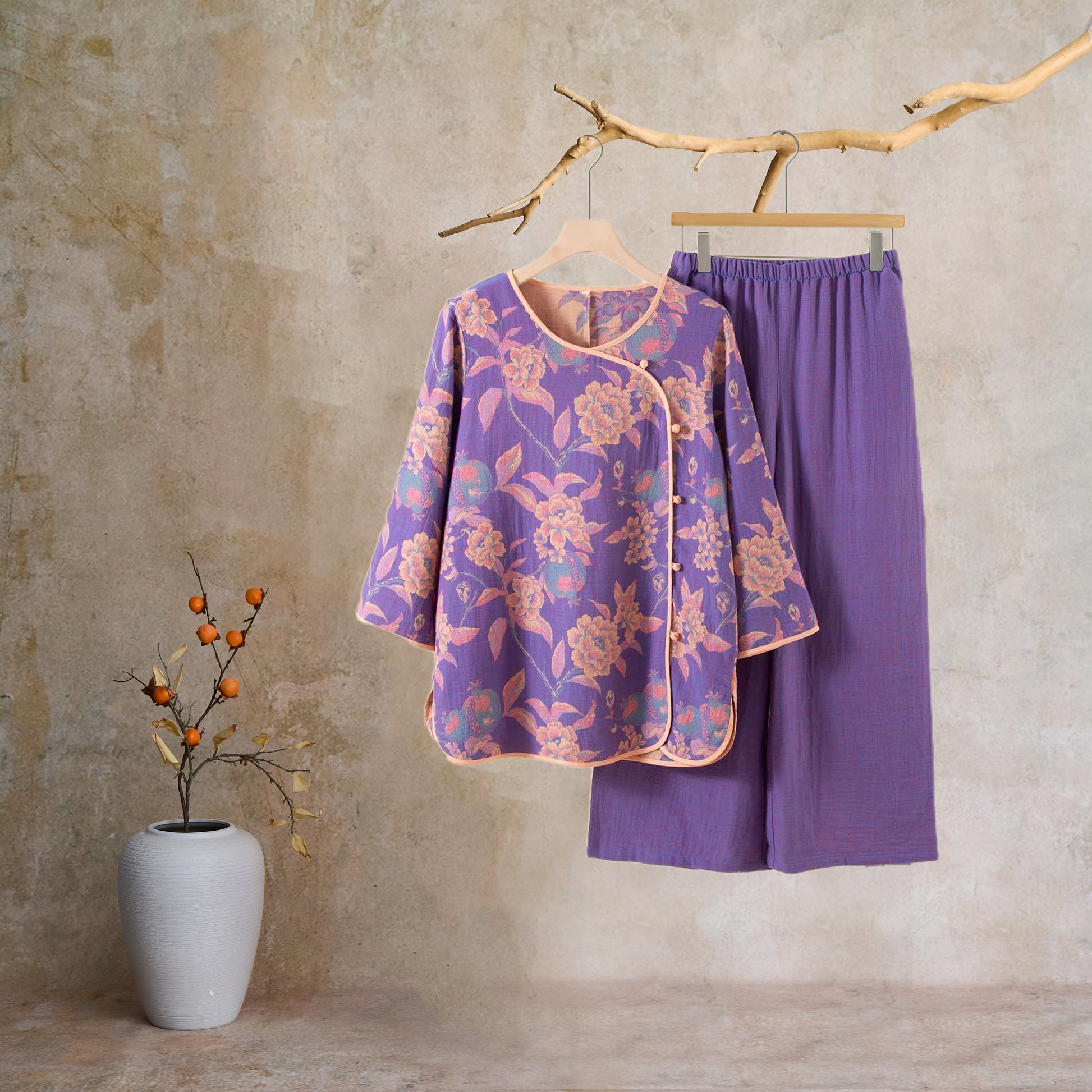Oriental Style Peony Pomegranate Cotton Sleepwear - image 13