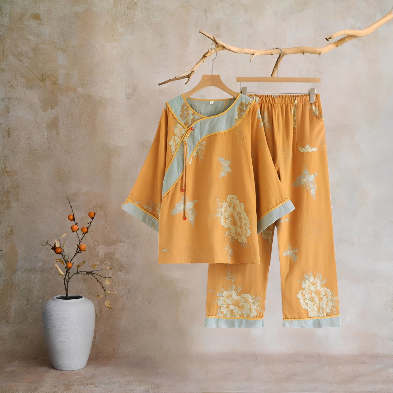 Oriental Style Peony Cotton Pajama Set - image 14