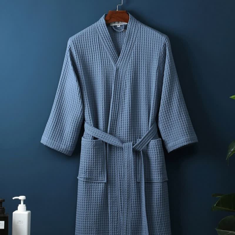 Ownkoti Simple Solid Color Cotton V-neck Bathrobe - Blue - XL - image 9