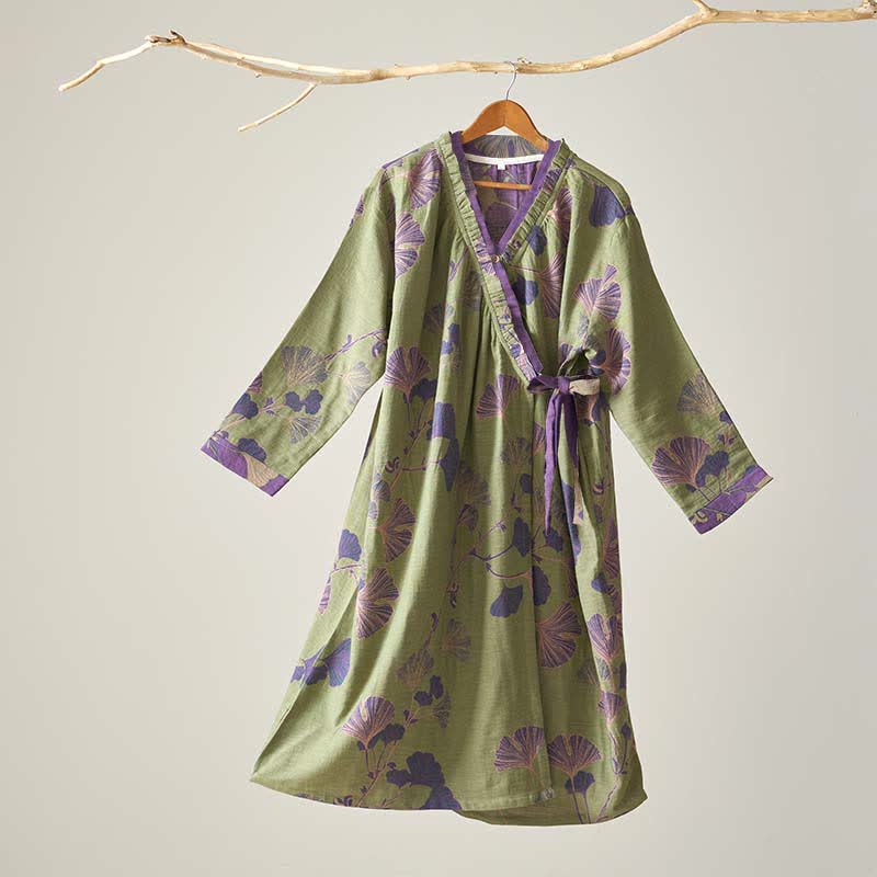 Ownkoti Ginkgo Leaf Hanfu Inspired Cotton Nightdress - Green - XL - image 8
