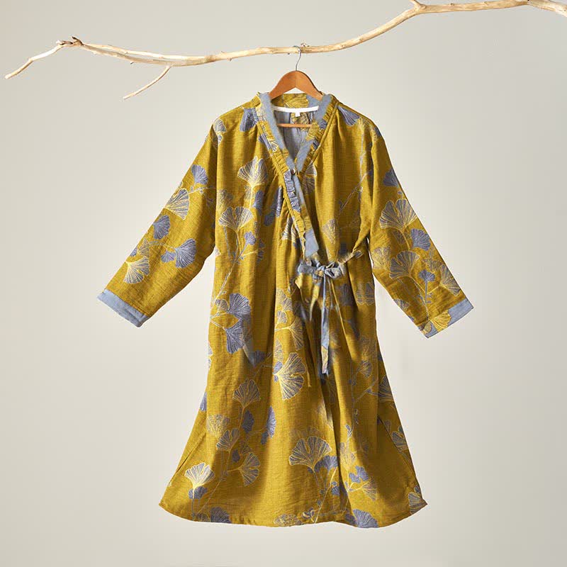 Ginkgo Leaf Hanfu Inspired Cotton Nightdress - Dark Yellow - XL - image 25