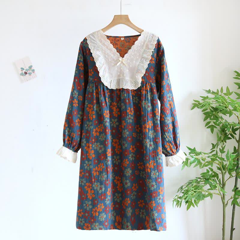 Ownkoti Floral Cotton Gauze Long Sleeve Nightgown - Blue - XL - image 13
