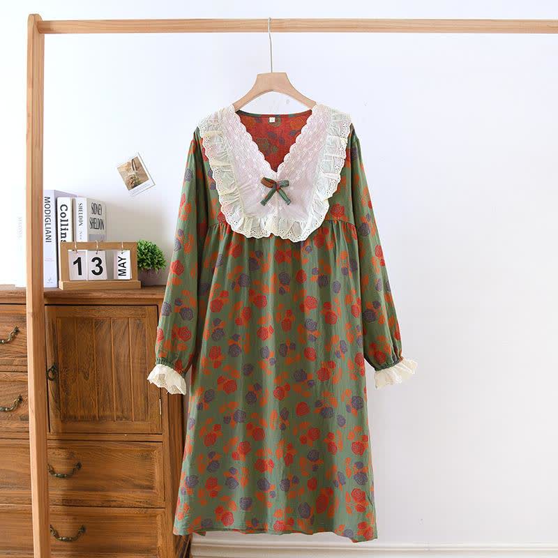 Ownkoti Rose Cotton Gauze Long Sleeve Nightgown - Green - XL - image 8