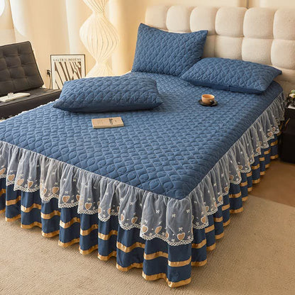 Ownkoti Heart Quilted Bed Skirt Sheet - Blue - Bed Skirt Sheet with 2PCS Pillowcases - King - image 0