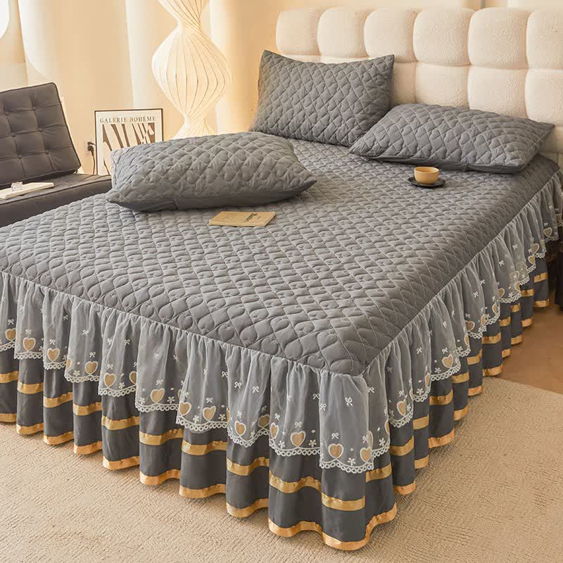 Ownkoti Heart Quilted Bed Skirt Sheet - Dark Grey - Bed Skirt Sheet with 2PCS Pillowcases - King - image 8