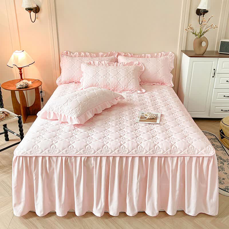 Ownkoti Geometric Quilted Bed Skirt Sheet - Pink - Bed Skirt Sheet with 2PCS Pillowcases - King - image 13