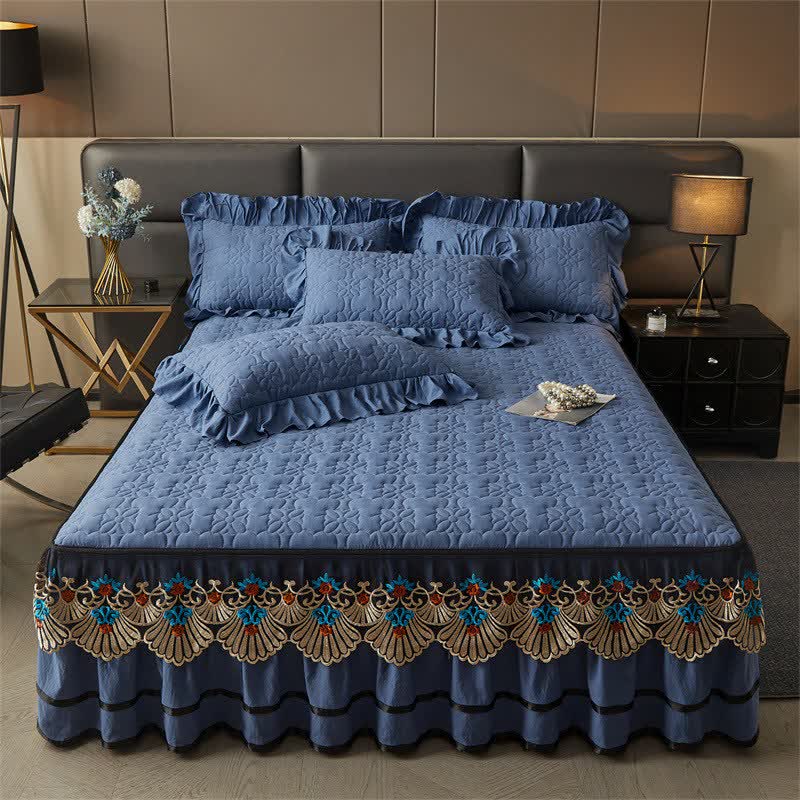 Ownkoti Quilted Sheet with Detachable Bed Skirt - Dark Blue - Bed Skirt Sheet with 2PCS Pillowcases - King - image 0