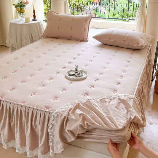 Ownkoti Tulip Embroidered Bed Skirt Sheet - Champagne - 2PCS Pillowcases - 19" x 29" - image 0