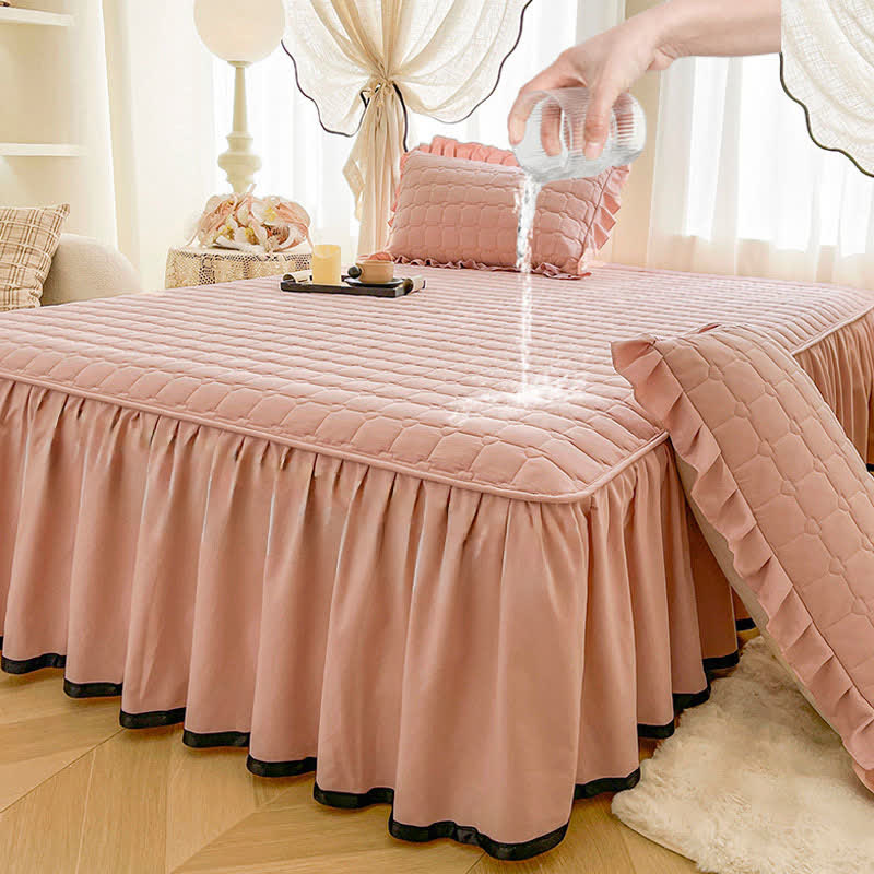 Ownkoti Checked Quilted Bed Skirt Sheet - Pink - Bed Skirt Sheet with 2PCS Pillowcases - King - image 10