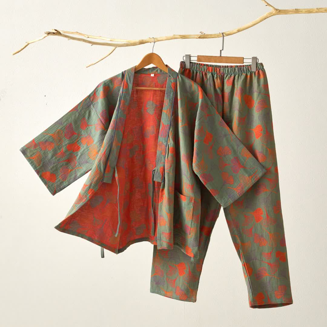 Ownkoti Ginkgo Cotton Gauze Kimono Loungewear Set - Green - XL - image 1