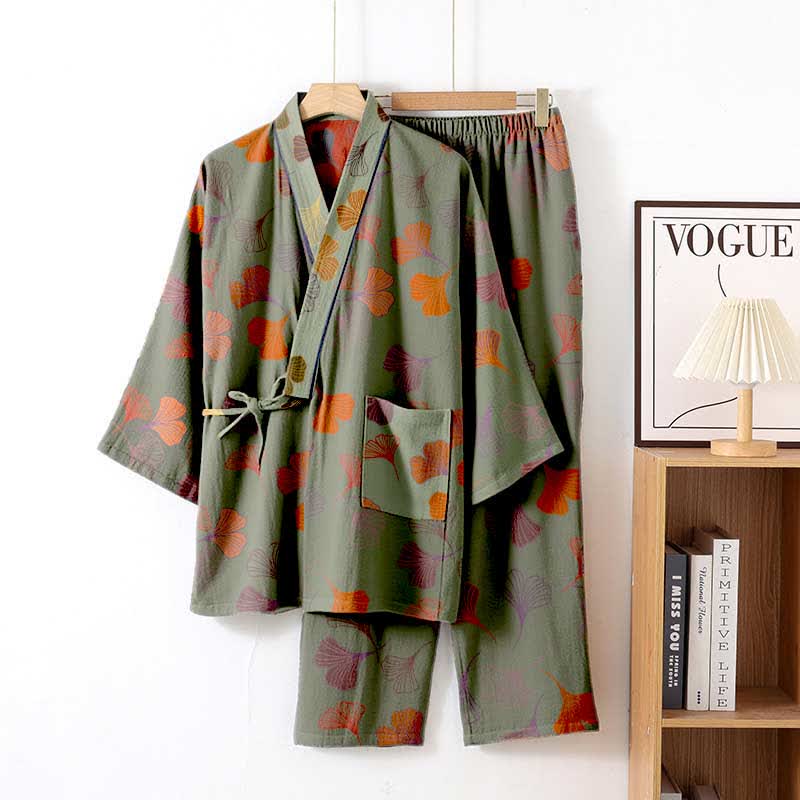 Ownkoti Ginkgo Cotton Gauze Kimono Loungewear Set - Green & Wine - XL - image 33