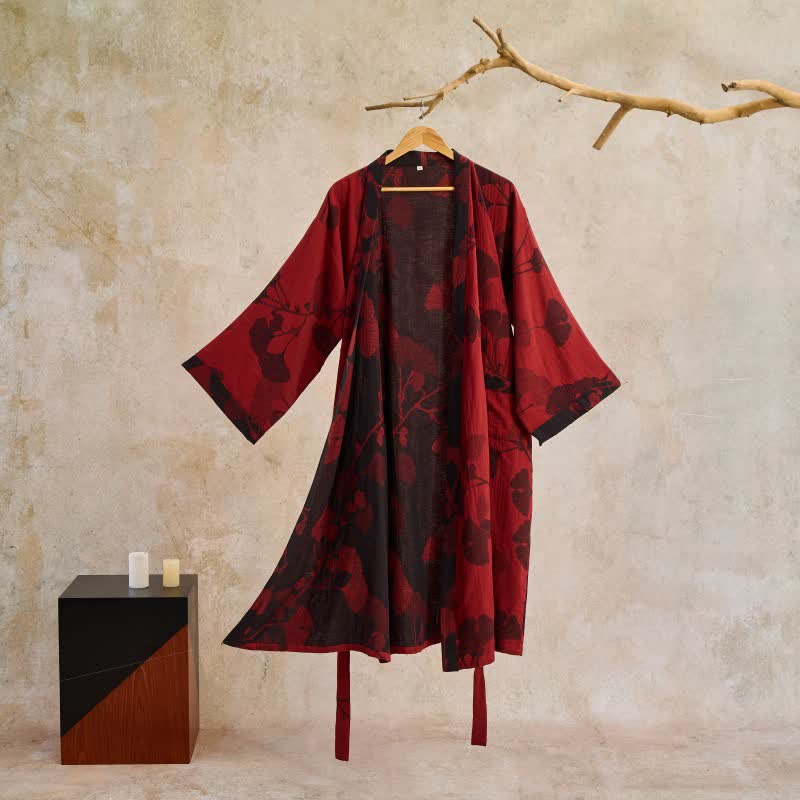 Ownkoti Large Ginkgo Leaf Cotton Kimono Robe - Red & Black - 2XL - image 14