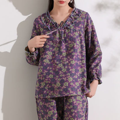 Ownkoti Peach Blossom Jacquard Ruffled Cotton Loungewear - 4XL - image 0