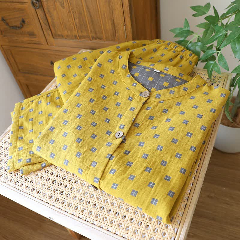 Grid Cotton Gauze Long Sleeves Loungewear - image 1