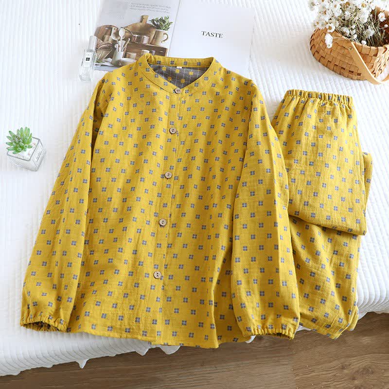 Ownkoti Grid Cotton Gauze Long Sleeves Loungewear - Yellow - 2XL - image 3