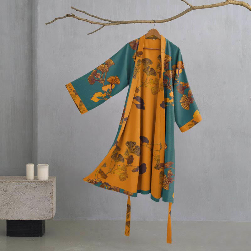 Ownkoti Large Ginkgo Leaf Cotton Kimono Robe - Green & Yellow - XL - image 2