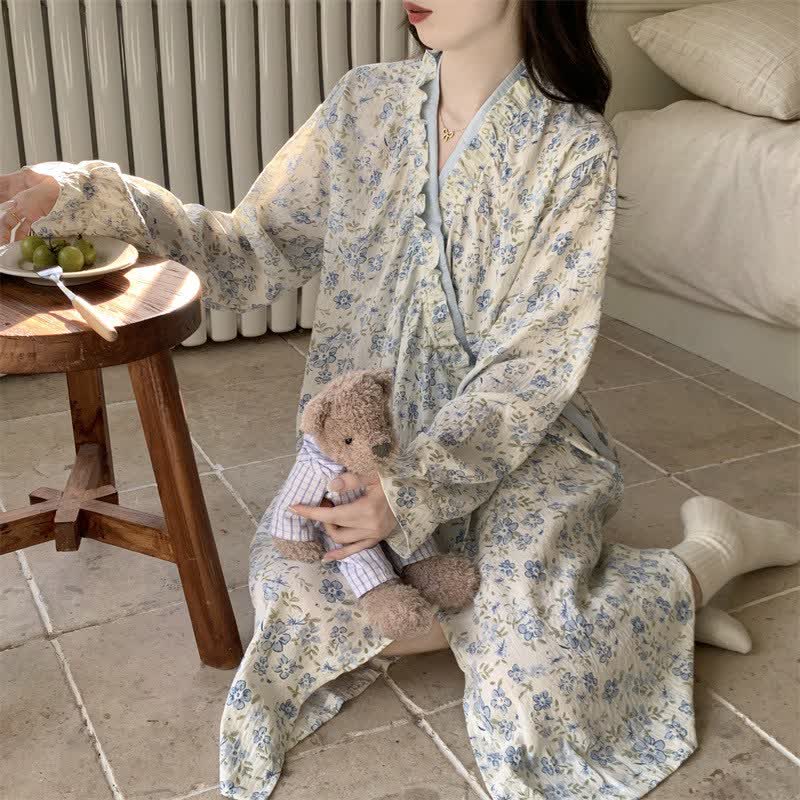 Ownkoti Blue Floral Long Sleeve Ruffled Nightgown - image 3