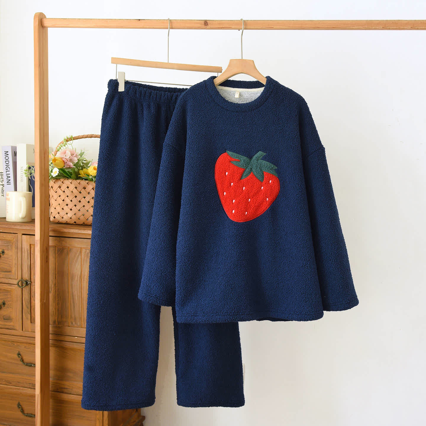 Ownkoti Strawberry Print Sherpa Loungewear Set - Navy Blue - XL - image 11