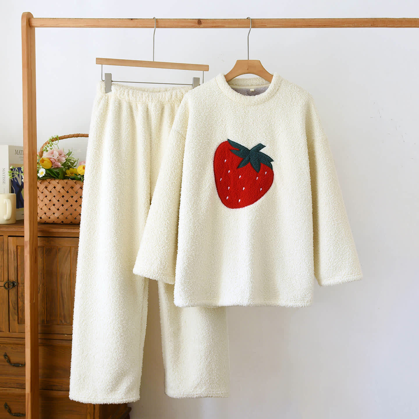 Ownkoti Strawberry Print Sherpa Loungewear Set - Beige - XL - image 2