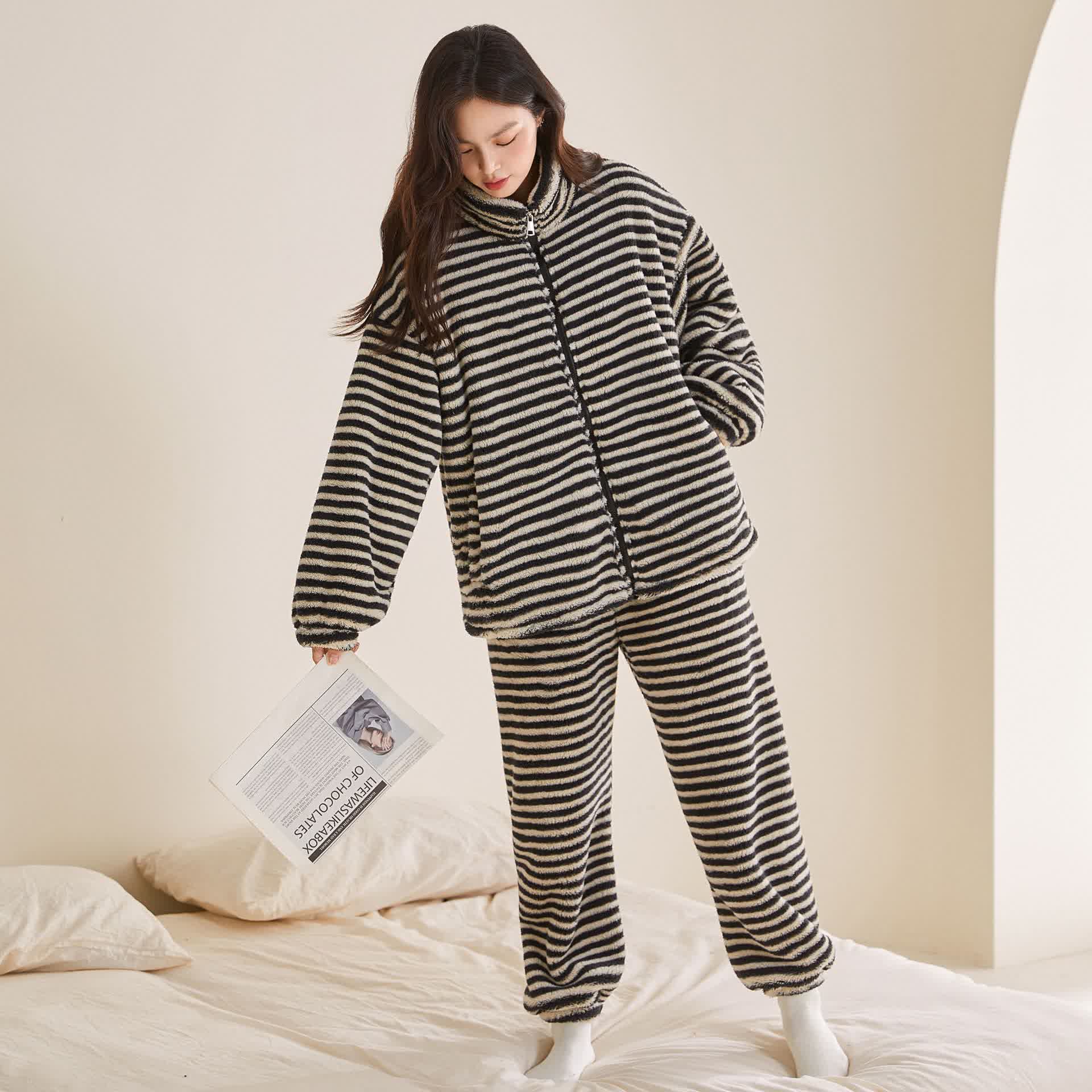 Ownkoti Striped Plush Zip-Up Loungewear Set - Black & White - XXL - image 6