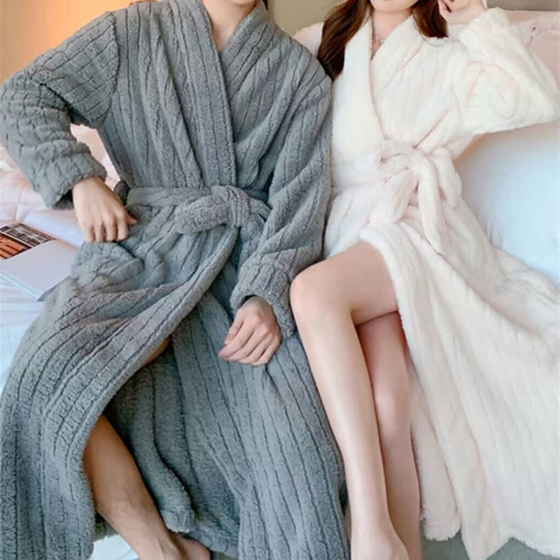 Ownkoti Solid Color Stripe Textured Plush Bathrobe - image 3