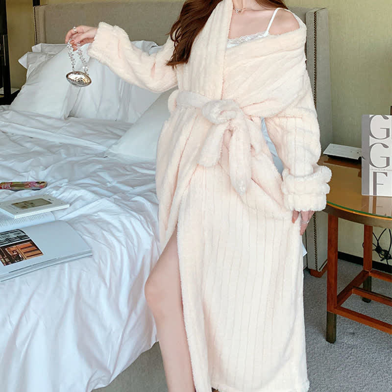 Ownkoti Solid Color Stripe Textured Plush Bathrobe - image 5