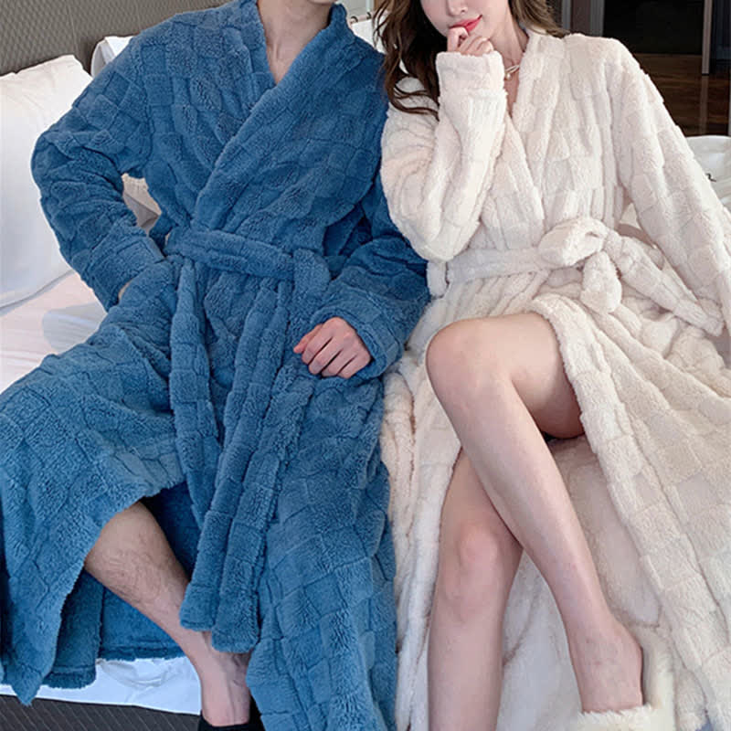 Ownkoti Solid Color Grid Textured Plush Bathrobe - image 3