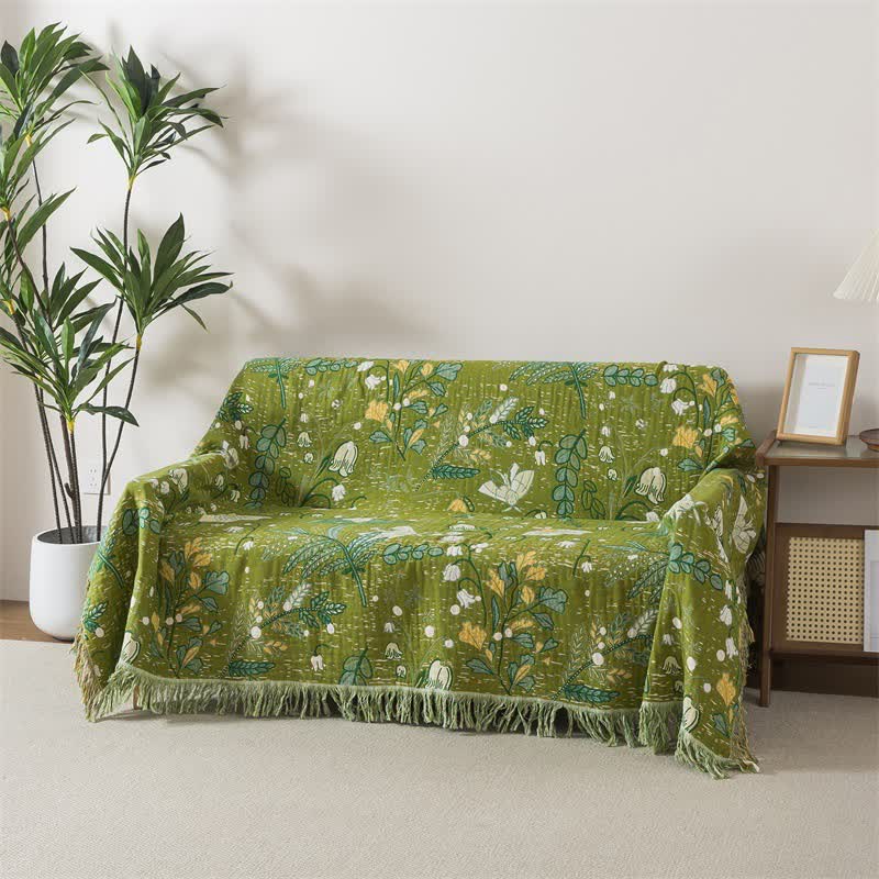 Ownkoti Green Leaf Floral Cotton Tassel Blanket - 79"W x 90"L - image 0