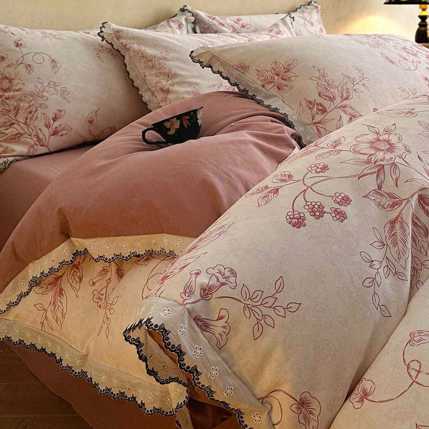 Ownkoti Brushed Cotton Floral Lace Bedding Set - Pink - King - image 0
