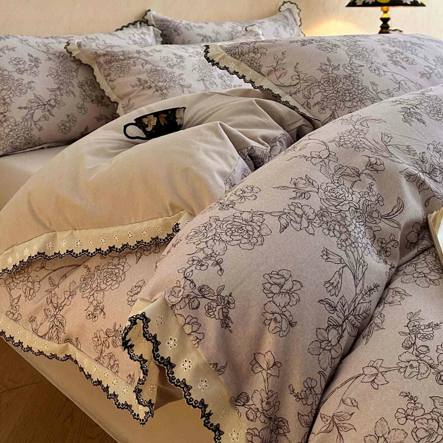 Ownkoti Brushed Cotton Artistic Floral Lace Bedding Set - Coffee - King - image 0