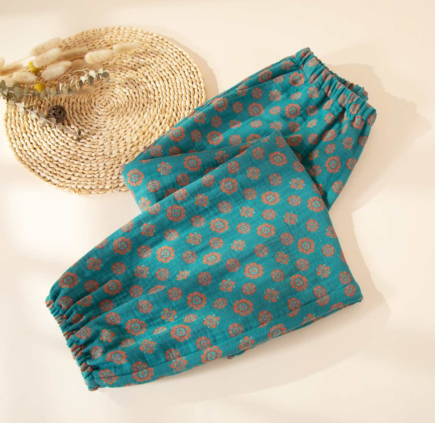 Ownkoti Vintage Floral Cotton Gauze Pajama Pants - Cyan - 2XL - image 0