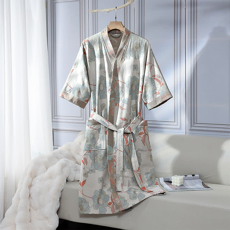 Unisex Blue Peony Cotton Gauze Bathrobe - L - image 0