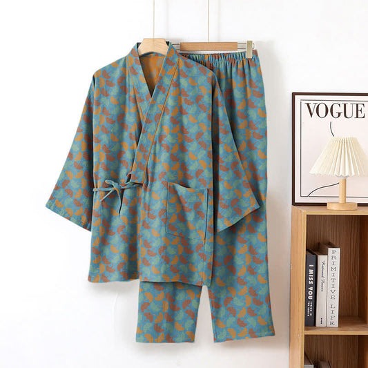 Ownkoti Ginkgo Leaf Cotton Kimono Loungewear Set - Blue - XL - image 1