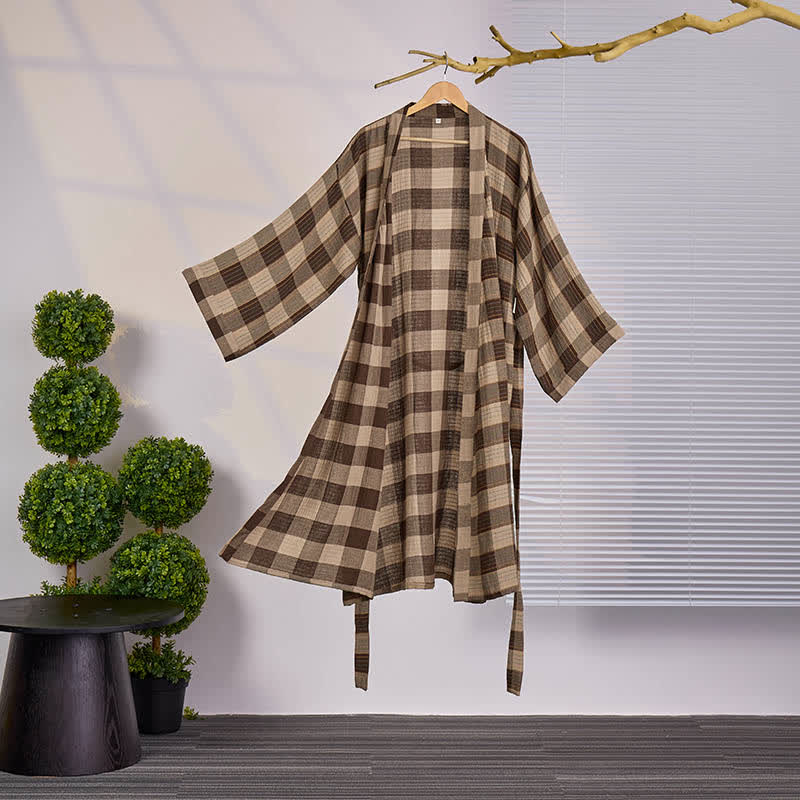 Ownkoti Classic Plaid Cotton Gauze Kimono Robe - Coffee - XXL - image 7