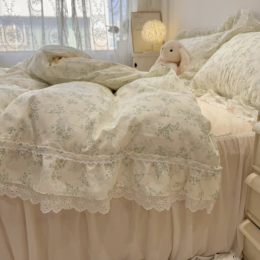Ownkoti Elegant Leaf Floral Cotton Lace Bedding Set - Green - Queen - image 0