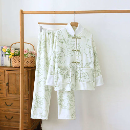 Fresh Green Line-Art Plush Loungewear Set - Mandarin Collar - XL - image 0