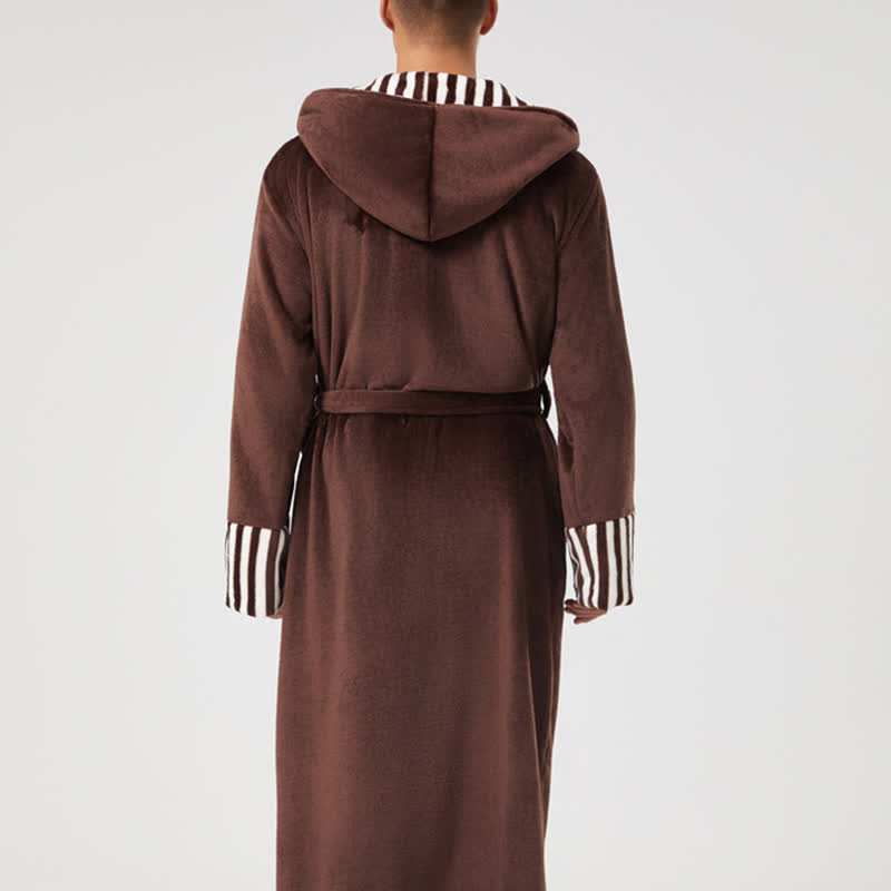 Unisex Striped Collared Hooded Plush Robe - image 6