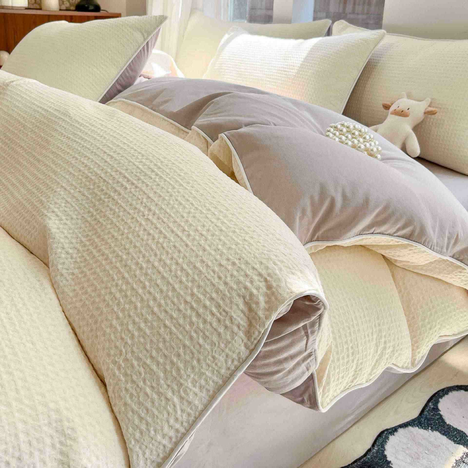Minimalist Waffle Cotton Bedding Set - Beige & Gray - King - image 0