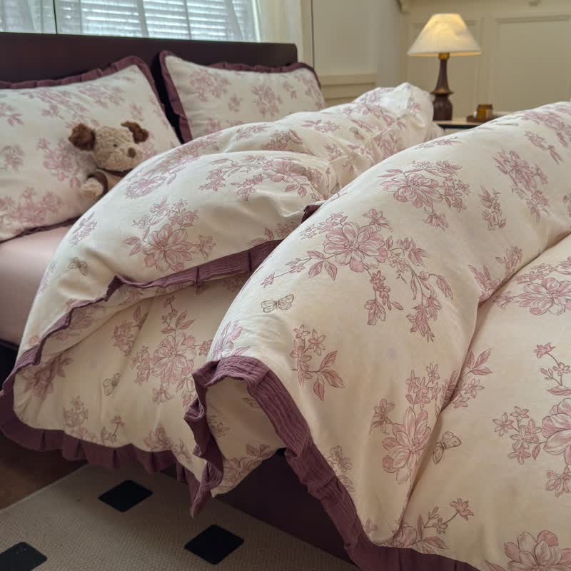 Elegant Floral Ruffled Cotton Bedding Set - King - image 0