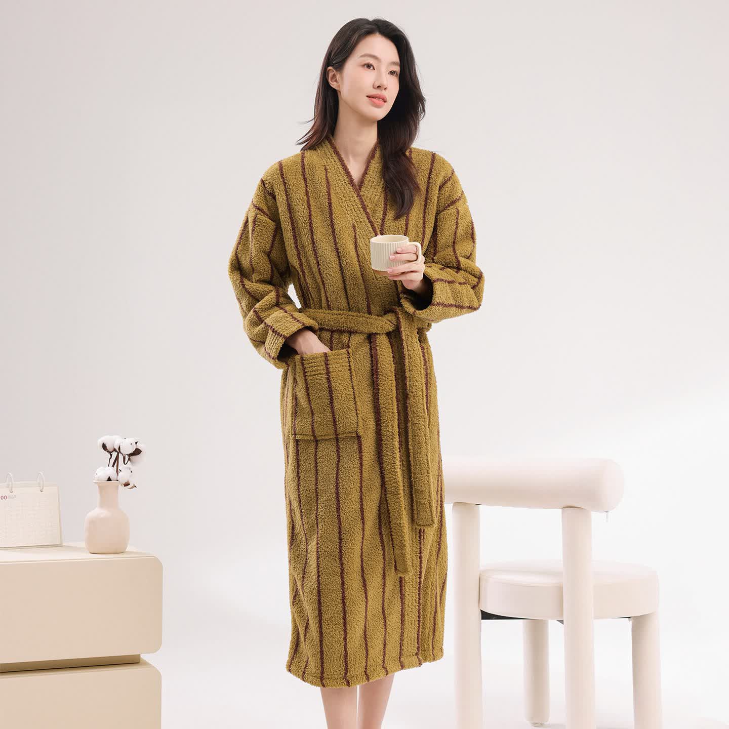 Vertical Stripe Warm Plush Robe - Dark Yellow - Bathrobe - 2XL - image 0