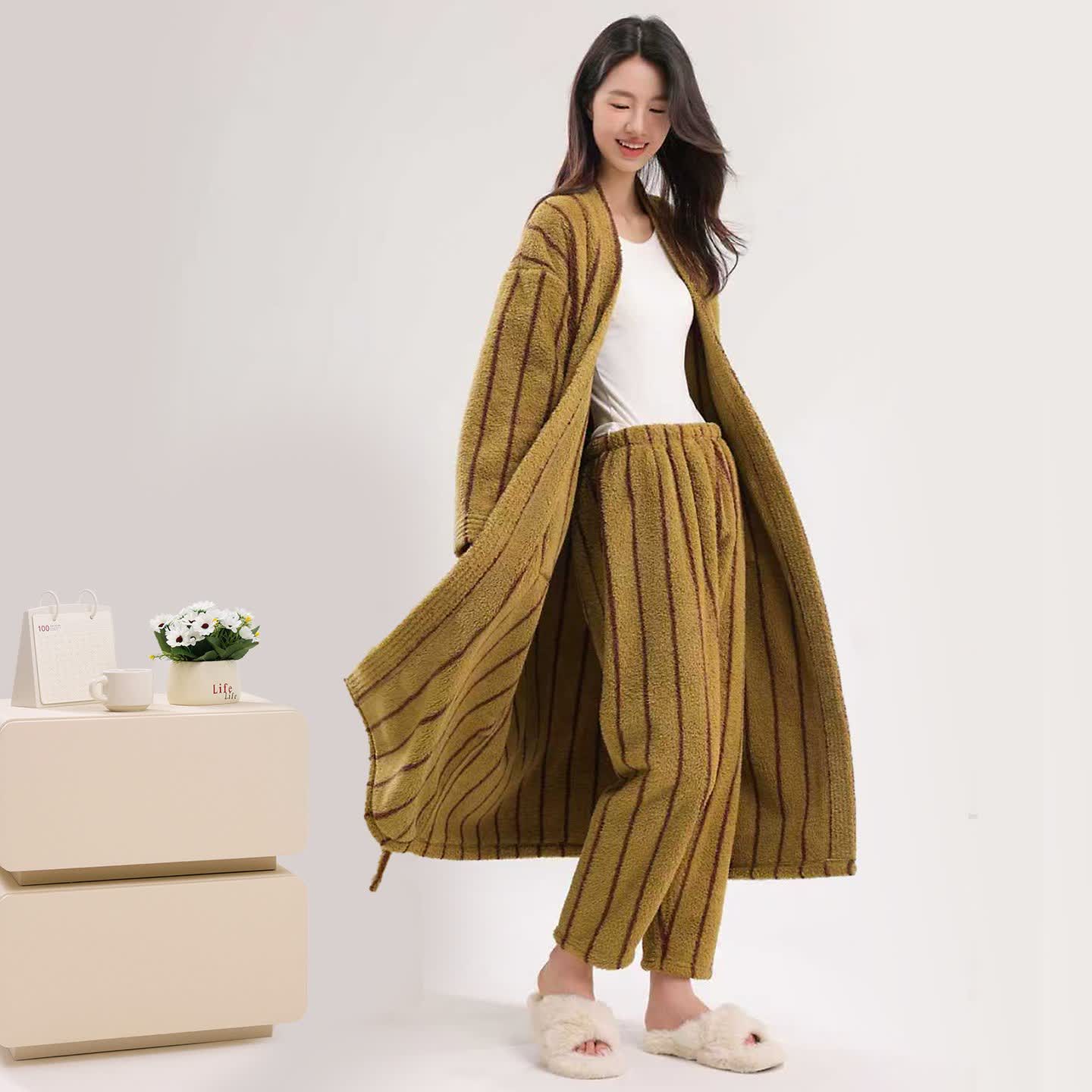 Vertical Stripe Warm Plush Robe - Dark Yellow - Bathrobe with Pants - 2XL - image 1