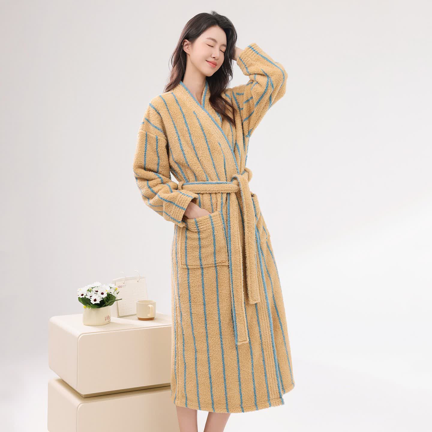 Vertical Stripe Warm Plush Robe - Light Camel - Bathrobe - 2XL - image 2