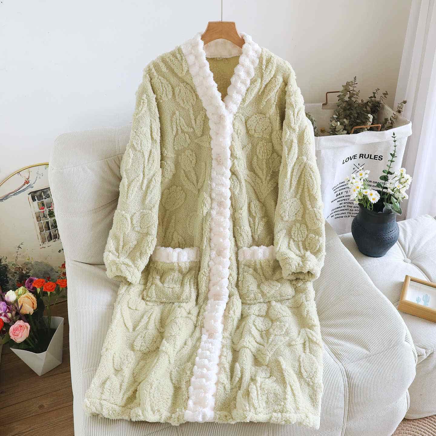 Tulip Textured Plush Button Nightgown - Green - XL - image 3