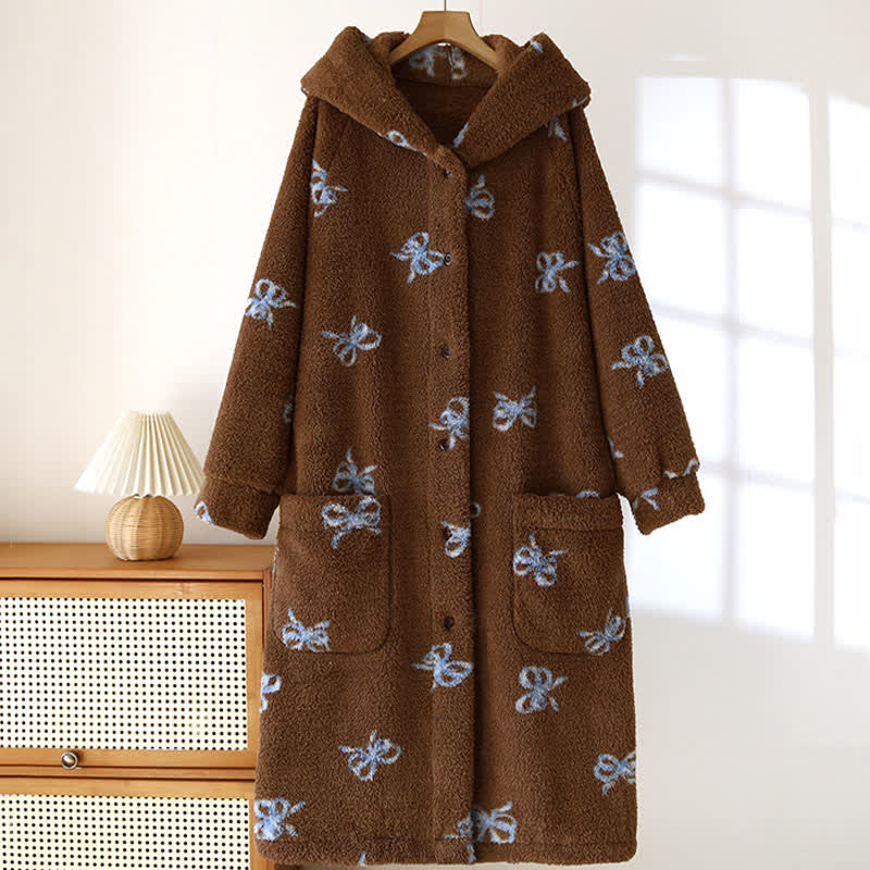 Bow Pattern Plush Hooded Robe - Coffee - L - image 0